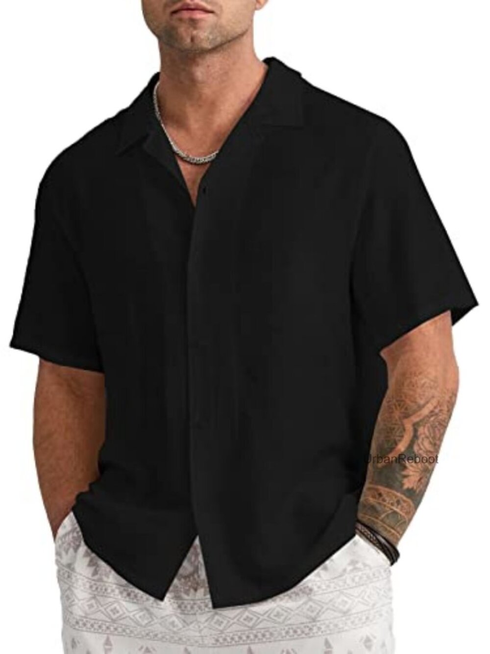 Men's Linen Button Down Shirt Short Sleeve Cuban Beach Casual Top